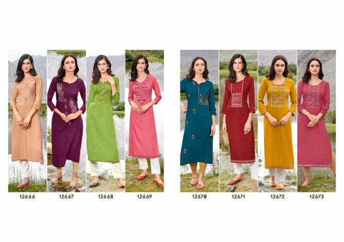 Kalaroop Beat Rayon With Embroidery Work Party Wear Designer Kurtis Collection
